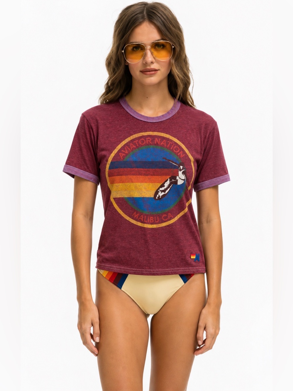 Aviator Nation Wine Red Ringer Tee with Retro Malibu Sunset Graphic